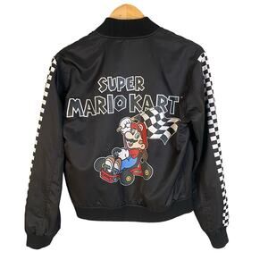 Super Mario Kart Bomber Jacket‎ Black Checkered Accents Streetwear Size Small